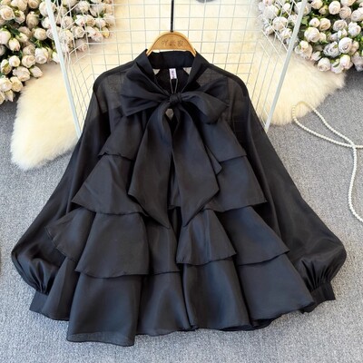 Neploe Elegant Sweet Bow Suvarstomos palaidinės 2024 m. pavasario nauji šifoniniai marškiniai, moteriški Y2k tinklinio žibinto rankovės laisvos Blusas Mujer