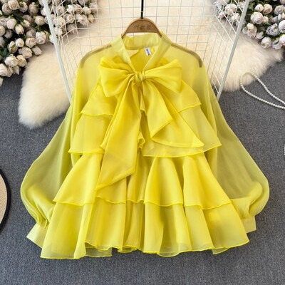 Neploe Elegant Sweet Bow Suvarstomos palaidinės 2024 m. pavasario nauji šifoniniai marškiniai, moteriški Y2k tinklinio žibinto rankovės laisvos Blusas Mujer