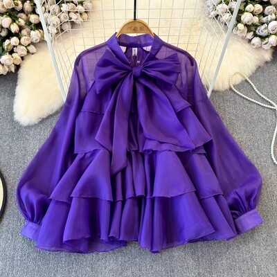 Neploe Elegant Sweet Bow Suvarstomos palaidinės 2024 m. pavasario nauji šifoniniai marškiniai, moteriški Y2k tinklinio žibinto rankovės laisvos Blusas Mujer