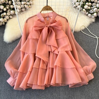 Neploe Elegant Sweet Bow Suvarstomos palaidinės 2024 m. pavasario nauji šifoniniai marškiniai, moteriški Y2k tinklinio žibinto rankovės laisvos Blusas Mujer