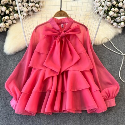 Neploe Elegant Sweet Bow Suvarstomos palaidinės 2024 m. pavasario nauji šifoniniai marškiniai, moteriški Y2k tinklinio žibinto rankovės laisvos Blusas Mujer