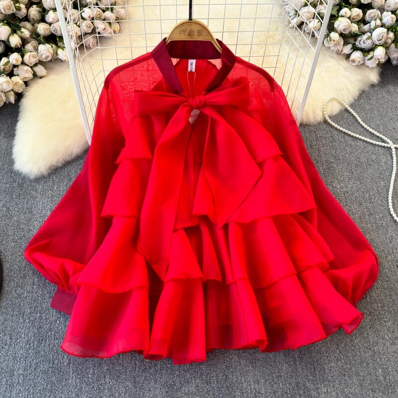 Neploe Elegant Sweet Bow Lace Up Blūzes 2024. gada pavasarī, jauni šifona krekli, sieviešu Y2k tīkla laternas piedurknes, brīvas Blusas Mujer