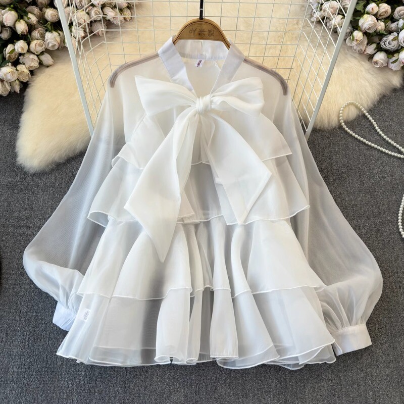 Neploe Elegant Sweet Bow Lace Up Blūzes 2024. gada pavasarī, jauni šifona krekli, sieviešu Y2k tīkla laternas piedurknes, brīvas Blusas Mujer