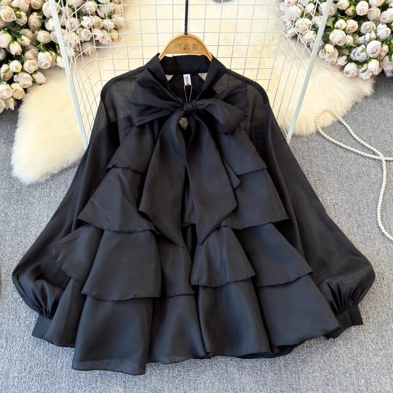 Neploe Elegant Sweet Bow Lace Up Blūzes 2024. gada pavasarī, jauni šifona krekli, sieviešu Y2k tīkla laternas piedurknes, brīvas Blusas Mujer