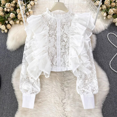 Statīvs Kakls Šifons Patchwork Ruffles Krekli Vintage sieviešu apģērbi Blusas Mujer