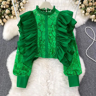 Statīvs Kakls Šifons Patchwork Ruffles Krekli Vintage sieviešu apģērbi Blusas Mujer