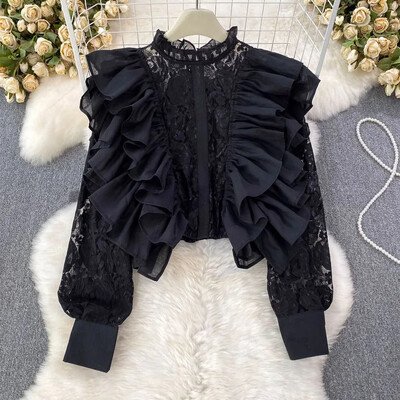 Statīvs Kakls Šifons Patchwork Ruffles Krekli Vintage sieviešu apģērbi Blusas Mujer