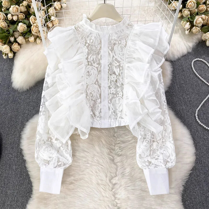 Statīvs Kakls Šifons Patchwork Ruffles Krekli Vintage sieviešu apģērbi Blusas Mujer