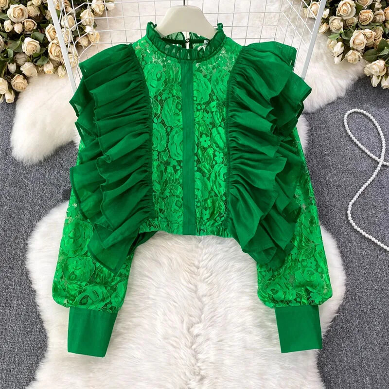 Statīvs Kakls Šifons Patchwork Ruffles Krekli Vintage sieviešu apģērbi Blusas Mujer