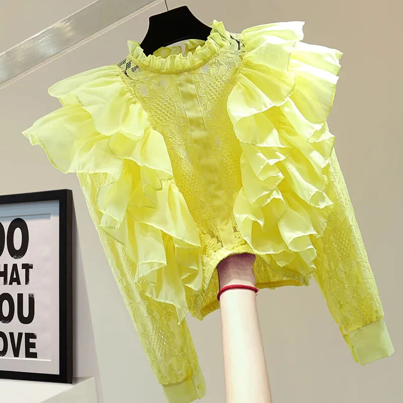 Statīvs Kakls Šifons Patchwork Ruffles Krekli Vintage sieviešu apģērbi Blusas Mujer