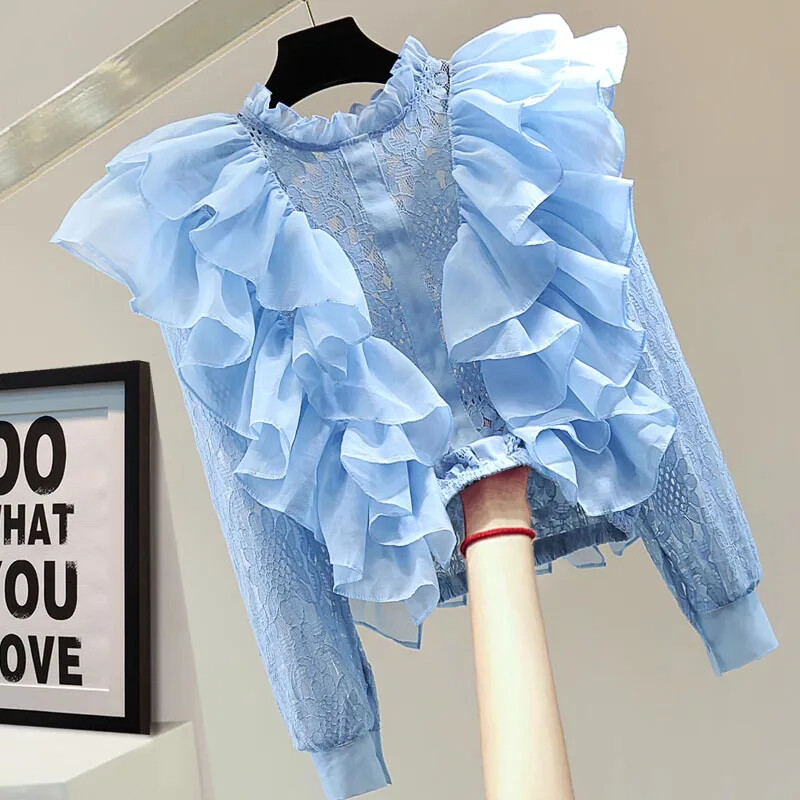 Statīvs Kakls Šifons Patchwork Ruffles Krekli Vintage sieviešu apģērbi Blusas Mujer