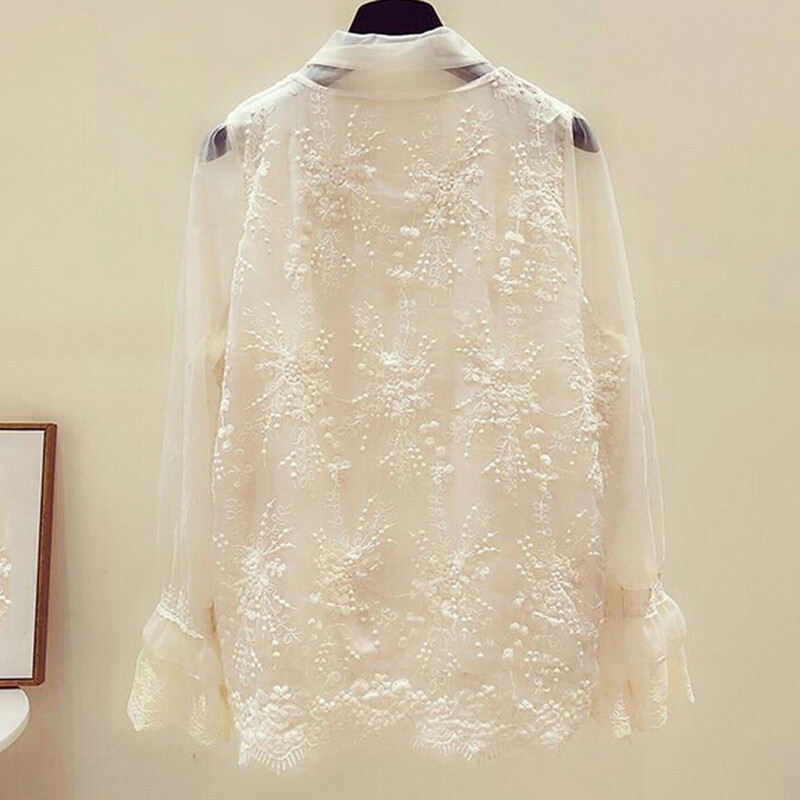 Modes sieviešu topi sievietēm ar garām piedurknēm, ziedu mežģīņu savilkšanas banti ar V veida kakla izgriezumu, ikdienas topi Sieviešu vienkrāsaini krekli Saldas baltas blūzes