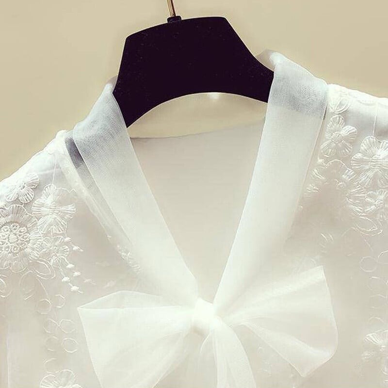 Modes sieviešu topi sievietēm ar garām piedurknēm, ziedu mežģīņu savilkšanas banti ar V veida kakla izgriezumu, ikdienas topi Sieviešu vienkrāsaini krekli Saldas baltas blūzes