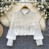 Βασικά με λαιμόκοψη V μακρυμάνικη κομψή πούλιες Ear Fungus Edge Κομψό μονόστηθο τοπ γαλλικό Streetwear High Street Φθινοπωρινή μπλούζα