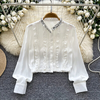 Βασικά με λαιμόκοψη V μακρυμάνικη κομψή πούλιες Ear Fungus Edge Κομψό μονόστηθο τοπ γαλλικό Streetwear High Street Φθινοπωρινή μπλούζα