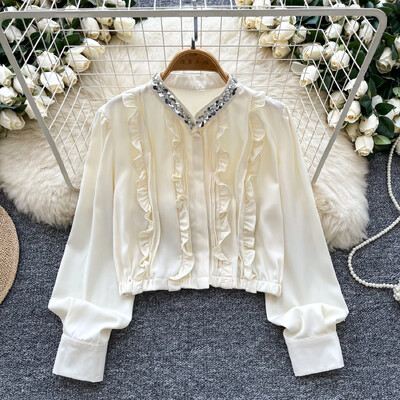 Βασικά με λαιμόκοψη V μακρυμάνικη κομψή πούλιες Ear Fungus Edge Κομψό μονόστηθο τοπ γαλλικό Streetwear High Street Φθινοπωρινή μπλούζα