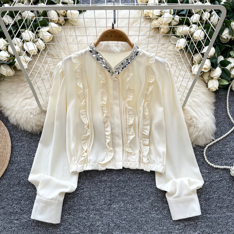 Βασικά με λαιμόκοψη V μακρυμάνικη κομψή πούλιες Ear Fungus Edge Κομψό μονόστηθο τοπ γαλλικό Streetwear High Street Φθινοπωρινή μπλούζα