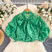 Κομψό φιόγκο φουσκωτό μανίκι με στρογγυλή κουκκίδα μπλούζα λεπτή σέξι γυναικεία πουκάμισο με φόρεμα στο δρόμο Γαλλική μόδα Crop Top