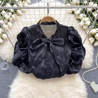 Nyári V nyakú sifonblúz francia világos luxus, magas buborékos ujjú ing női nyári csokornyakkendő design elegáns egyedi felső