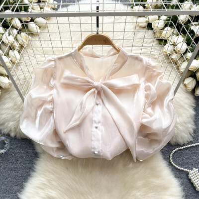 Nyári V nyakú sifonblúz francia világos luxus, magas buborékos ujjú ing női nyári csokornyakkendő design elegáns egyedi felső