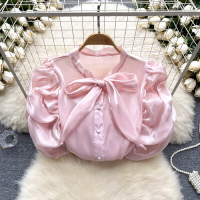 Nyári V nyakú sifonblúz francia világos luxus, magas buborékos ujjú ing női nyári csokornyakkendő design elegáns egyedi felső