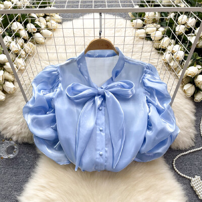 Nyári V nyakú sifonblúz francia világos luxus, magas buborékos ujjú ing női nyári csokornyakkendő design elegáns egyedi felső