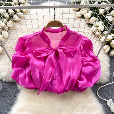 Nyári V nyakú sifonblúz francia világos luxus, magas buborékos ujjú ing női nyári csokornyakkendő design elegáns egyedi felső