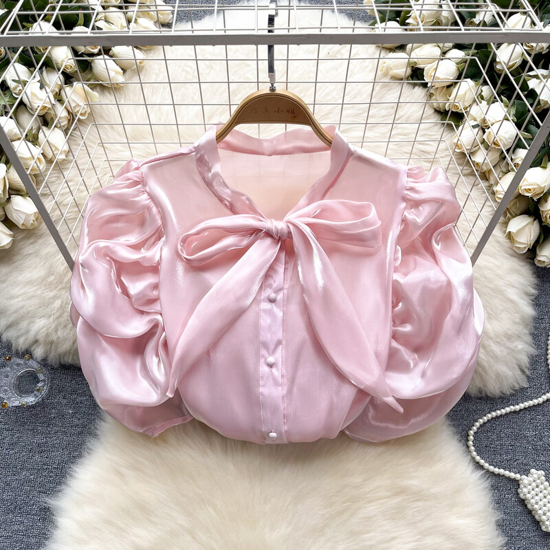Nyári V nyakú sifonblúz francia világos luxus, magas buborékos ujjú ing női nyári csokornyakkendő design elegáns egyedi felső