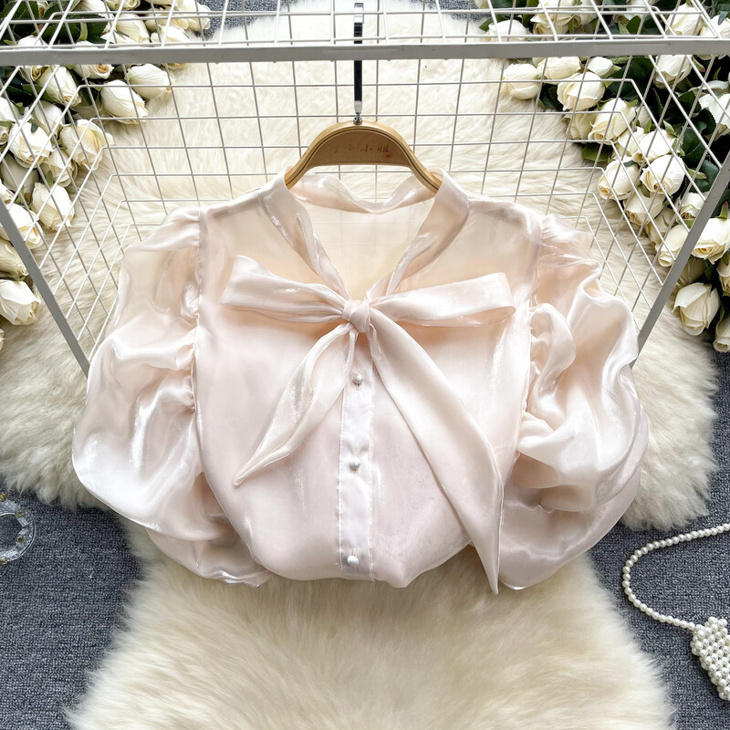 Nyári V nyakú sifonblúz francia világos luxus, magas buborékos ujjú ing női nyári csokornyakkendő design elegáns egyedi felső