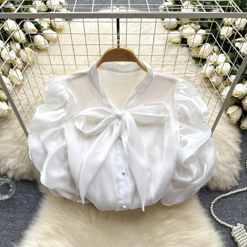 Nyári V nyakú sifonblúz francia világos luxus, magas buborékos ujjú ing női nyári csokornyakkendő design elegáns egyedi felső