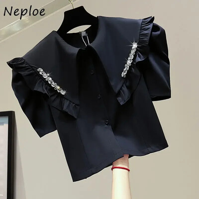 Neploe Fungus Edge Diamonds Revääridega pluusid Naiste 2024 Korea Doll Collar Naiste Blusas Suvine Uued Lühike Puff Varrukad Solid Särgid