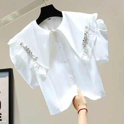 Neploe Fungus Edge Diamonds Atloks Blūzes Sieviešu 2024 Korejas Lelle Apkakle Sieviešu Blusas Vasaras Jauni Īsi Puff Piedurknes Vienoti krekli