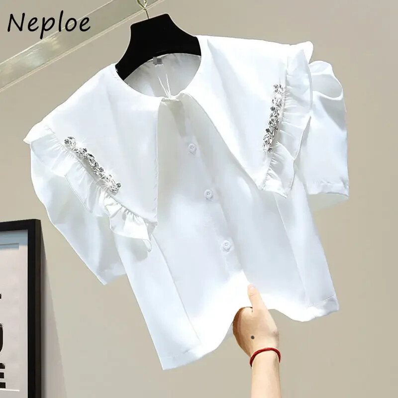 Neploe Fungus Edge Diamonds Atloks Blūzes Sieviešu 2024 Korejas Lelle Apkakle Sieviešu Blusas Vasaras Jauni Īsi Puff Piedurknes Vienoti krekli