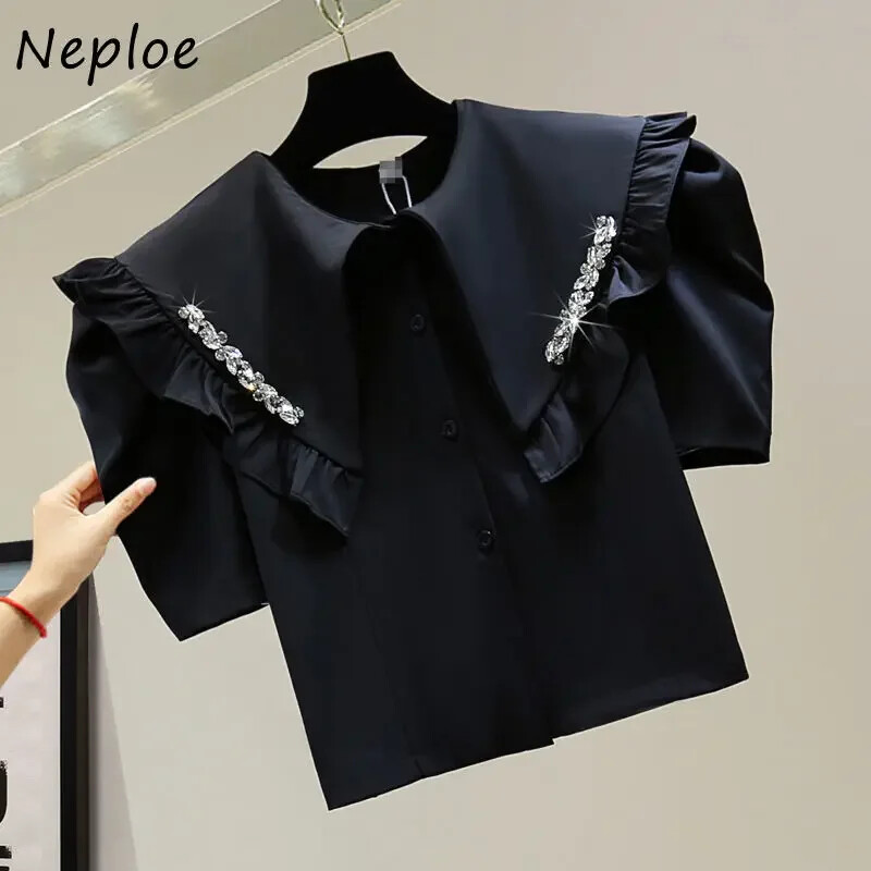 Neploe Fungus Edge Diamonds Atloks Blūzes Sieviešu 2024 Korejas Lelle Apkakle Sieviešu Blusas Vasaras Jauni Īsi Puff Piedurknes Vienoti krekli