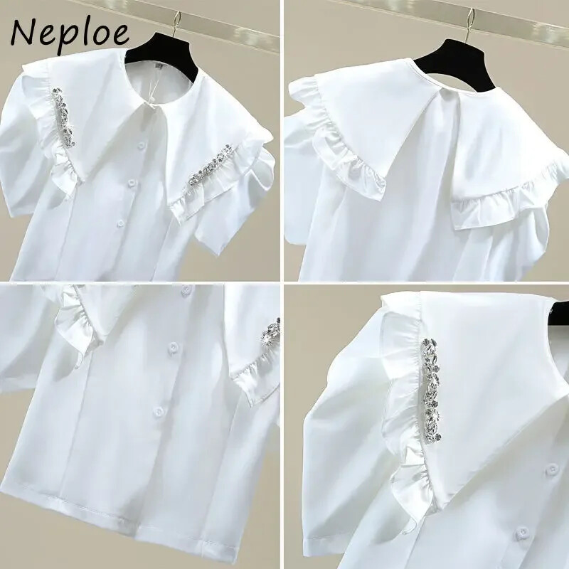 Neploe Fungus Edge Diamonds Atloks Blūzes Sieviešu 2024 Korejas Lelle Apkakle Sieviešu Blusas Vasaras Jauni Īsi Puff Piedurknes Vienoti krekli