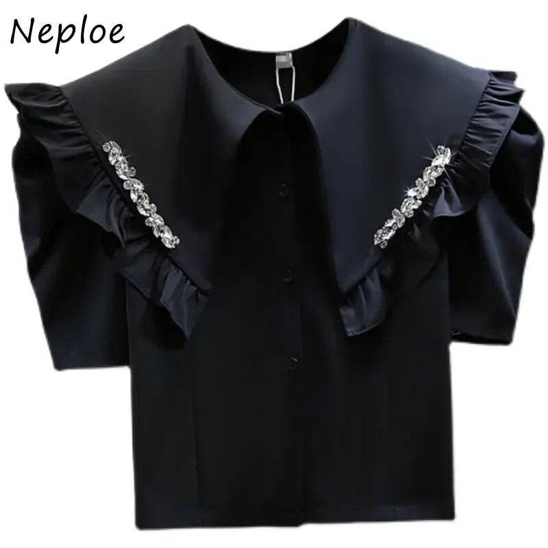 Neploe Fungus Edge Diamonds Atloks Blūzes Sieviešu 2024 Korejas Lelle Apkakle Sieviešu Blusas Vasaras Jauni Īsi Puff Piedurknes Vienoti krekli