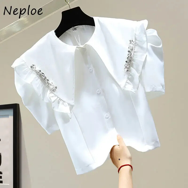 Neploe Fungus Edge Diamonds Atloks Blūzes Sieviešu 2024 Korejas Lelle Apkakle Sieviešu Blusas Vasaras Jauni Īsi Puff Piedurknes Vienoti krekli