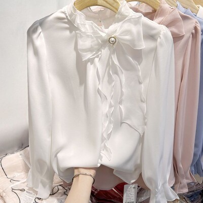 Άνοιξη 2024 Νέα Κορεάτικη ιδιοσυγκρασία μονόχρωμη γιακά με κορδόνι πουλόβερ με φιόγκο Μακρυμάνικη μπλούζα σιφόν Γυναικεία πουκάμισα ένδυσης