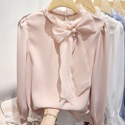 Άνοιξη 2024 Νέα Κορεάτικη ιδιοσυγκρασία μονόχρωμη γιακά με κορδόνι πουλόβερ με φιόγκο Μακρυμάνικη μπλούζα σιφόν Γυναικεία πουκάμισα ένδυσης