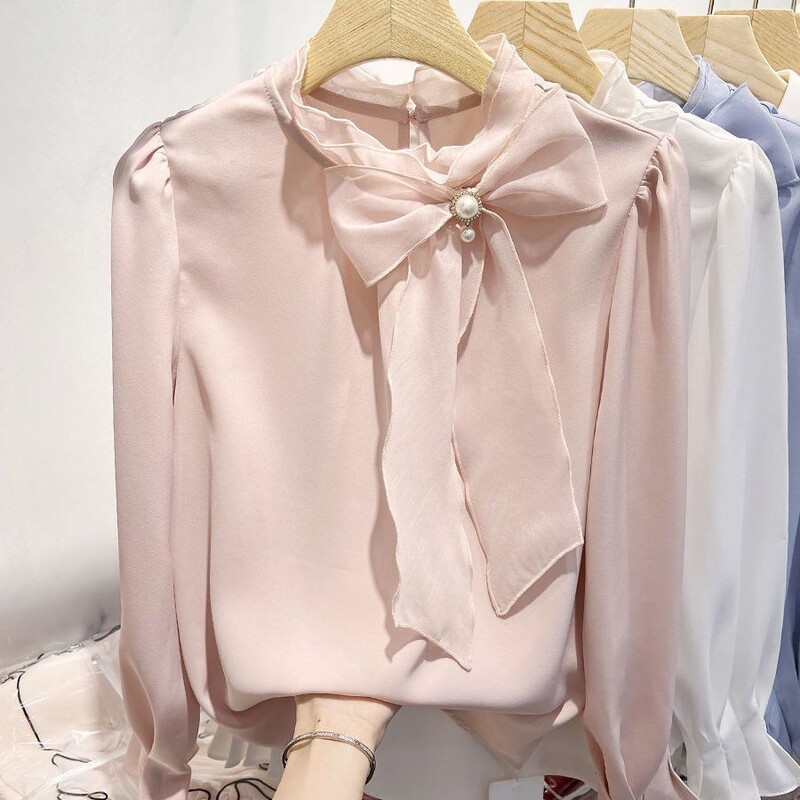 Άνοιξη 2024 Νέα Κορεάτικη ιδιοσυγκρασία μονόχρωμη γιακά με κορδόνι πουλόβερ με φιόγκο Μακρυμάνικη μπλούζα σιφόν Γυναικεία πουκάμισα ένδυσης