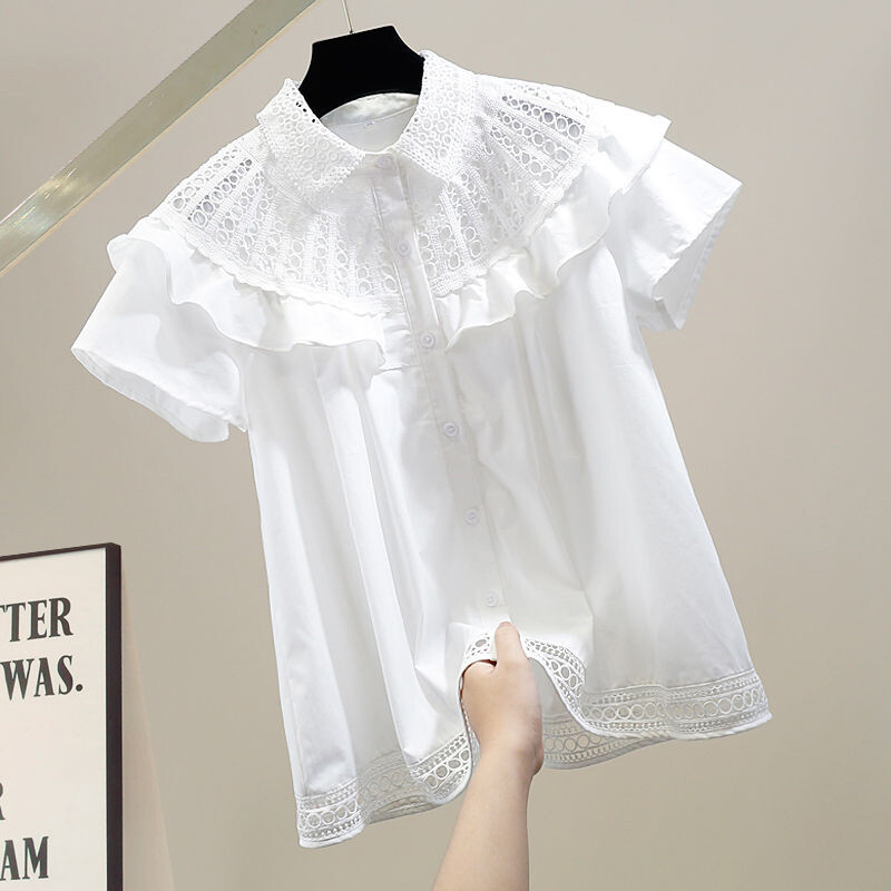 Neploe franču modes Ūdenī šķīstošās mežģīnes kontrasta paneļa volānveida mala vaļīgs īsām piedurknēm svītrains krekls ikdienas stila tendences blūzes