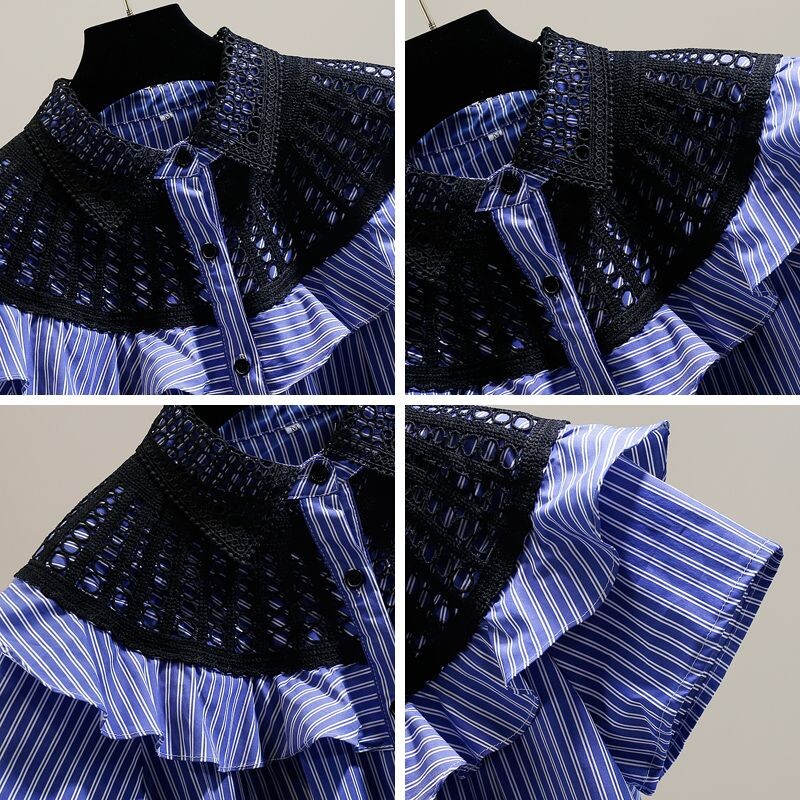 Neploe franču modes Ūdenī šķīstošās mežģīnes kontrasta paneļa volānveida mala vaļīgs īsām piedurknēm svītrains krekls ikdienas stila tendences blūzes