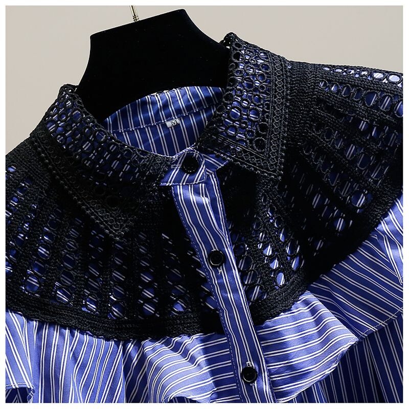 Neploe franču modes Ūdenī šķīstošās mežģīnes kontrasta paneļa volānveida mala vaļīgs īsām piedurknēm svītrains krekls ikdienas stila tendences blūzes