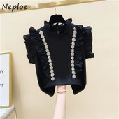 Neploe fodros bordás gyöngyös gyémánt füles állógalléros ujjatlan ing 2024 nyári laza karcsú Niche Blusa női édes blúzok