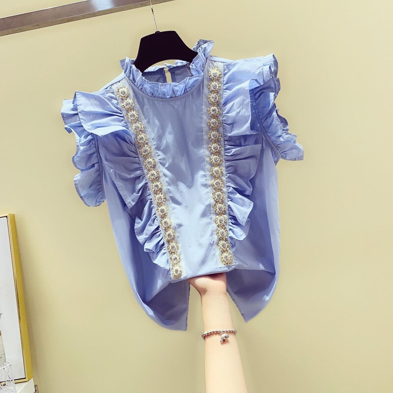 Neploe fodros bordás gyöngyös gyémánt füles állógalléros ujjatlan ing 2024 nyári laza karcsú Niche Blusa női édes blúzok