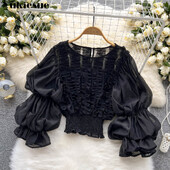 2022. gada pavasara vasaras modes vintage apdrukas piedurknes, volāni, masīvi sieviešu blūzes, korejiešu stila topi, eleganti, elastīgi, plāni apgriezti