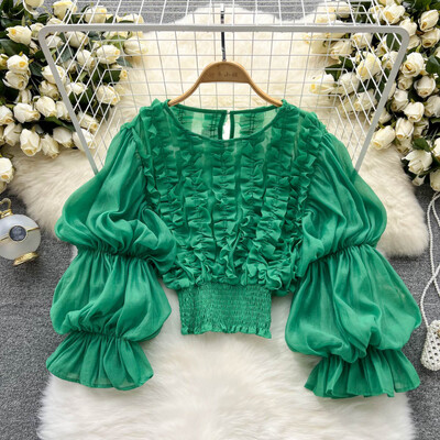 2022. gada pavasara vasaras modes vintage apdrukas piedurknes, volāni, masīvi sieviešu blūzes, korejiešu stila topi, eleganti, elastīgi, plāni apgriezti