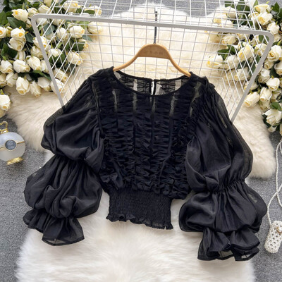 2022. gada pavasara vasaras modes vintage apdrukas piedurknes, volāni, masīvi sieviešu blūzes, korejiešu stila topi, eleganti, elastīgi, plāni apgriezti