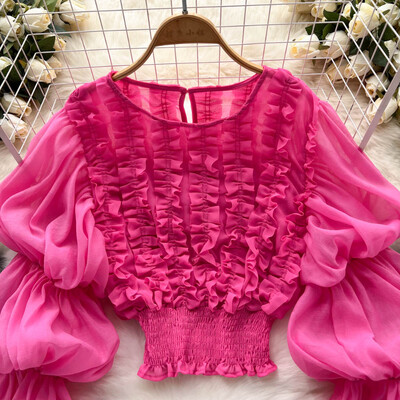 2022. gada pavasara vasaras modes vintage apdrukas piedurknes, volāni, masīvi sieviešu blūzes, korejiešu stila topi, eleganti, elastīgi, plāni apgriezti