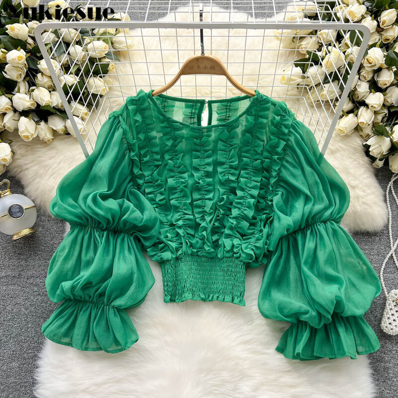 2022. gada pavasara vasaras modes vintage apdrukas piedurknes, volāni, masīvi sieviešu blūzes, korejiešu stila topi, eleganti, elastīgi, plāni apgriezti